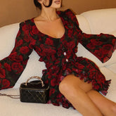 Rose Print Lantern Sleeve Mini Dress